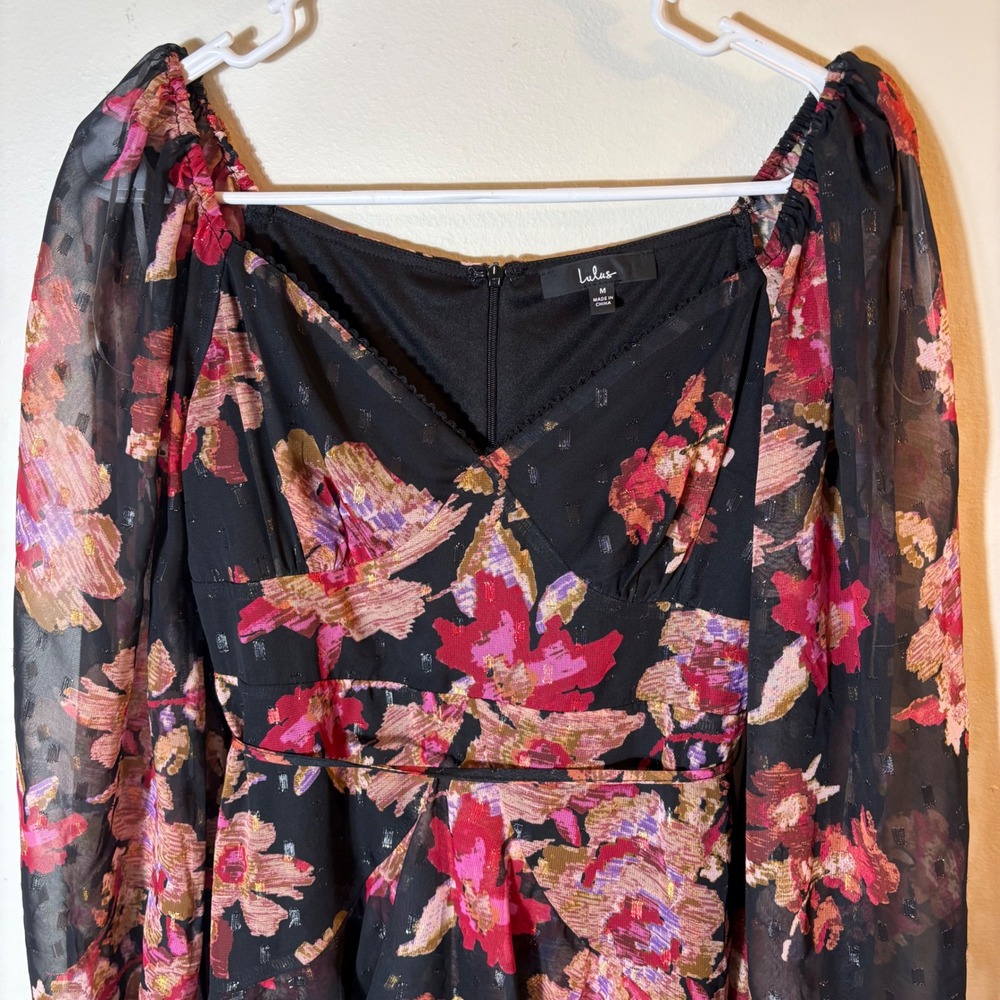 Lulus Dramatically Dreamy Black Floral Chiffon Tiered Lurex Mini Dress Medium - Picture 2 of 9